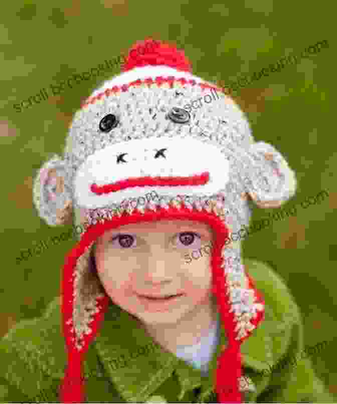 A Smiling Child Wearing A Colorful Pirate Sock Monkey Hat With A Striped Brim, Fluffy Hair, And A Playful Monkey Face. Pirate Sock Monkey Hat To Crochet Pattern